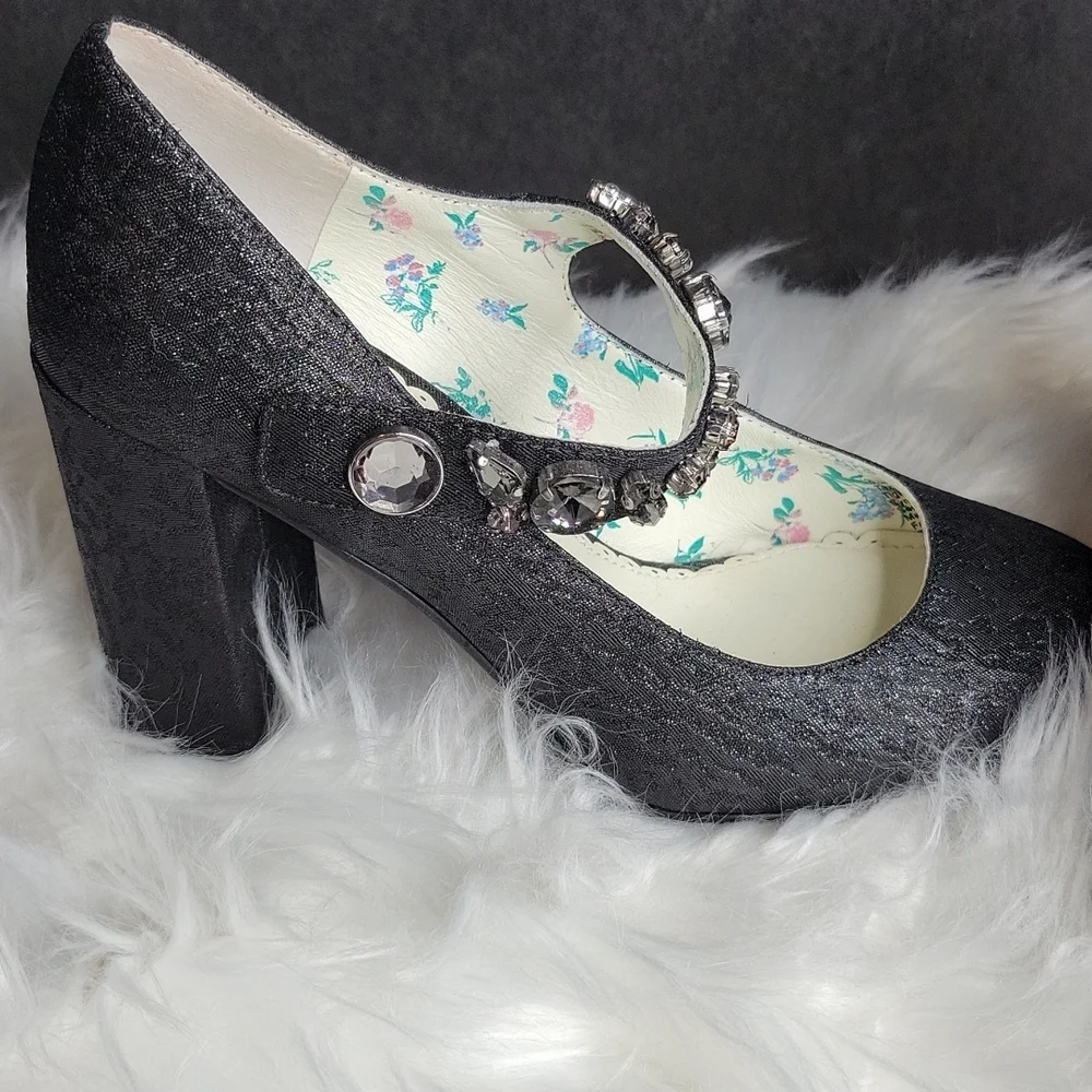 MARY JANE 1901 Shimmery Black‎ Brocade Heels Rhinestone Straps Size 5.5 M